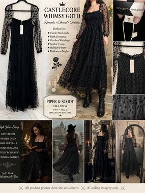 NWT Piper & Scoot Exclusive Black Flocked Dot Maxi Dress Romantic WhimsyGoth S